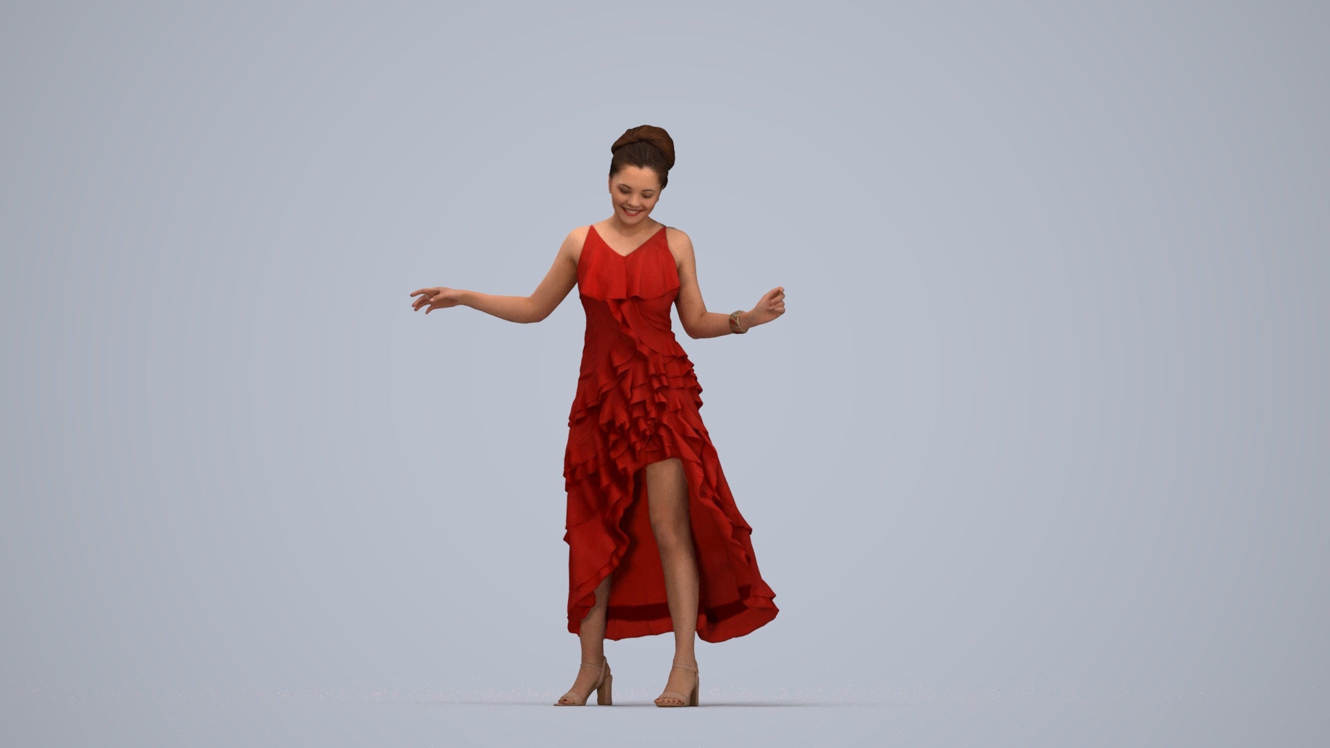 3D human model woman formal, photogrammetry scanned person for archviz, top-down view render