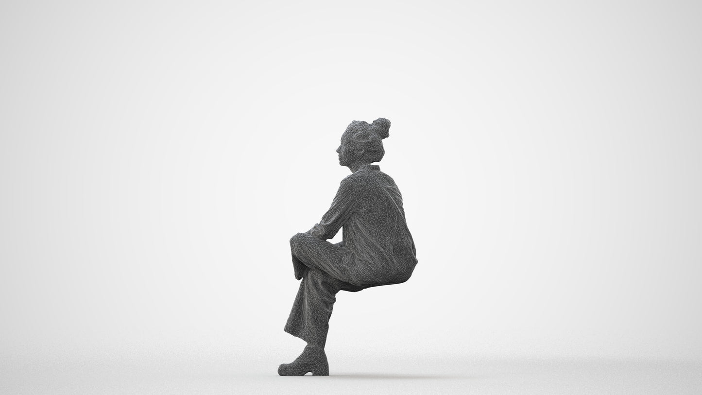 realistic 3D human woman casual sitting, archviz people FBX OBJ for Blender, square thumbnail