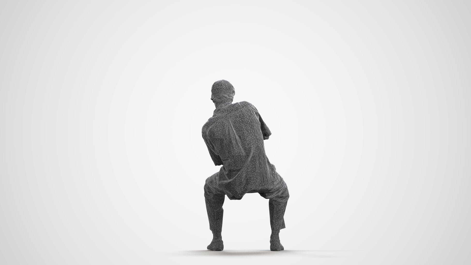 3D human model man casual sitting, photogrammetry scanned person for archviz, wireframe front view