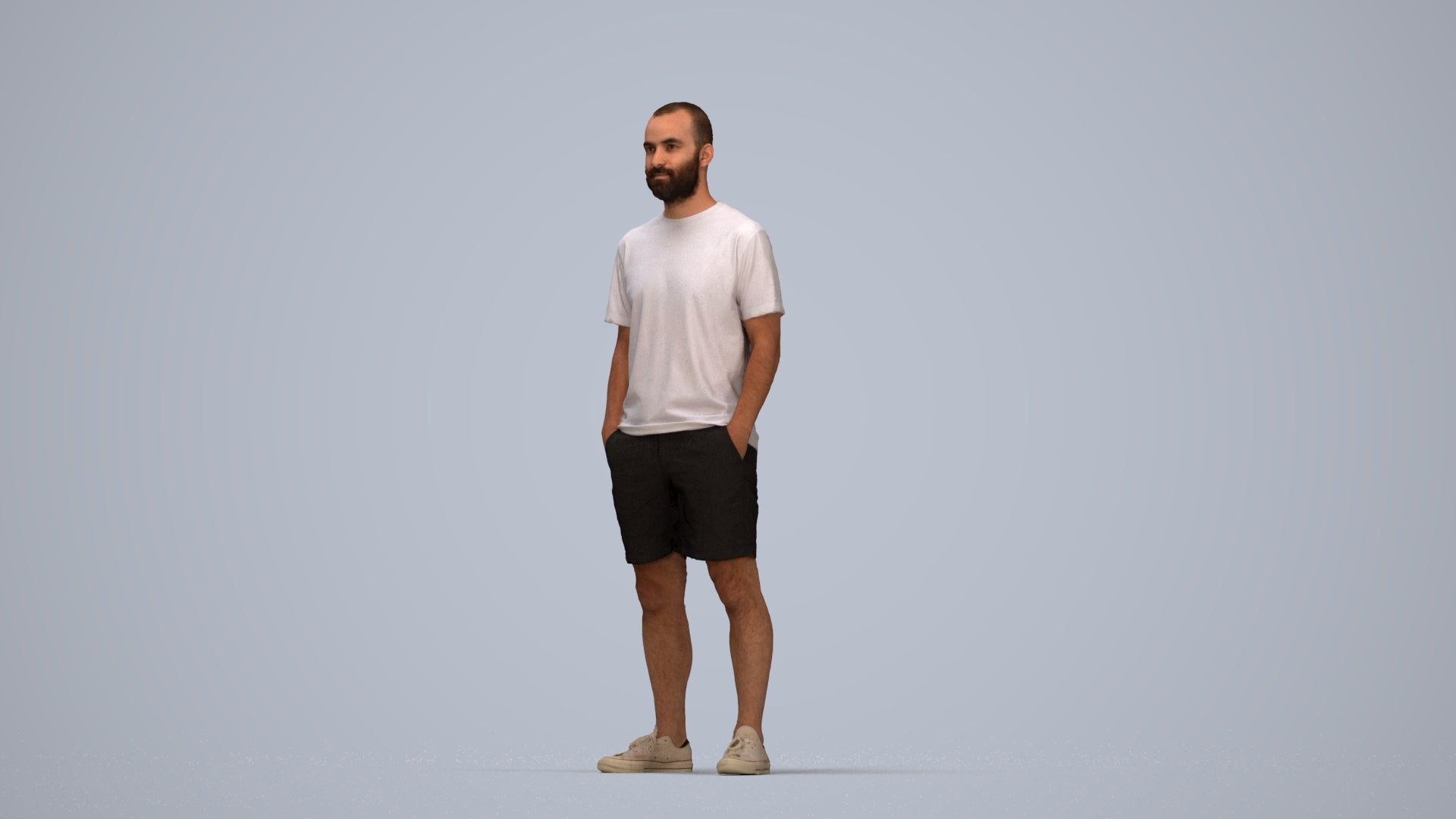 3D human model man casual standing, photogrammetry scanned person for archviz, top-down view render