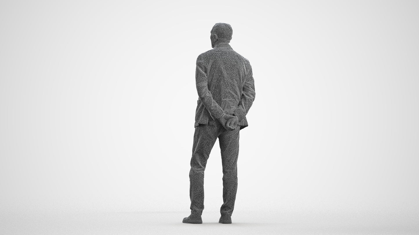 realistic 3D human senior man business standing, archviz people FBX OBJ for Blender, wireframe front view