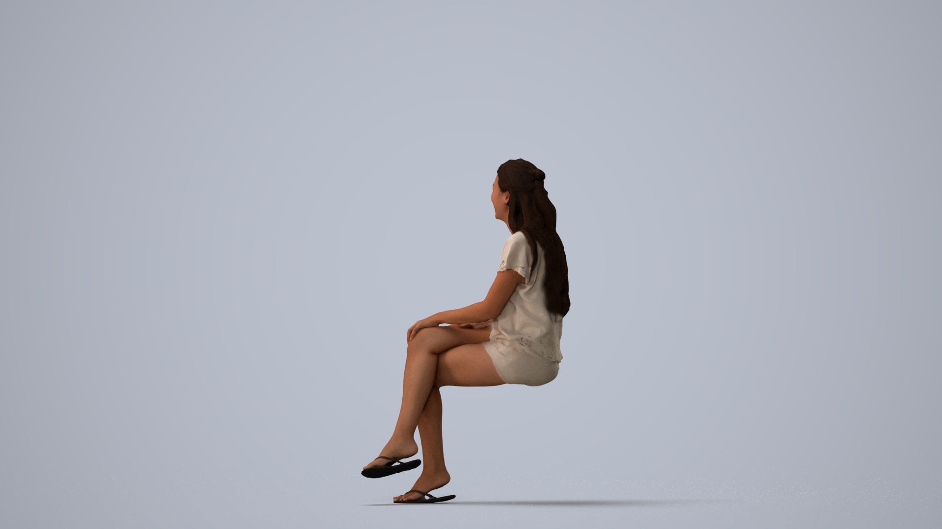 photogrammetry 3D woman casual sitting, realistic human model archviz FBX, three-quarter view render