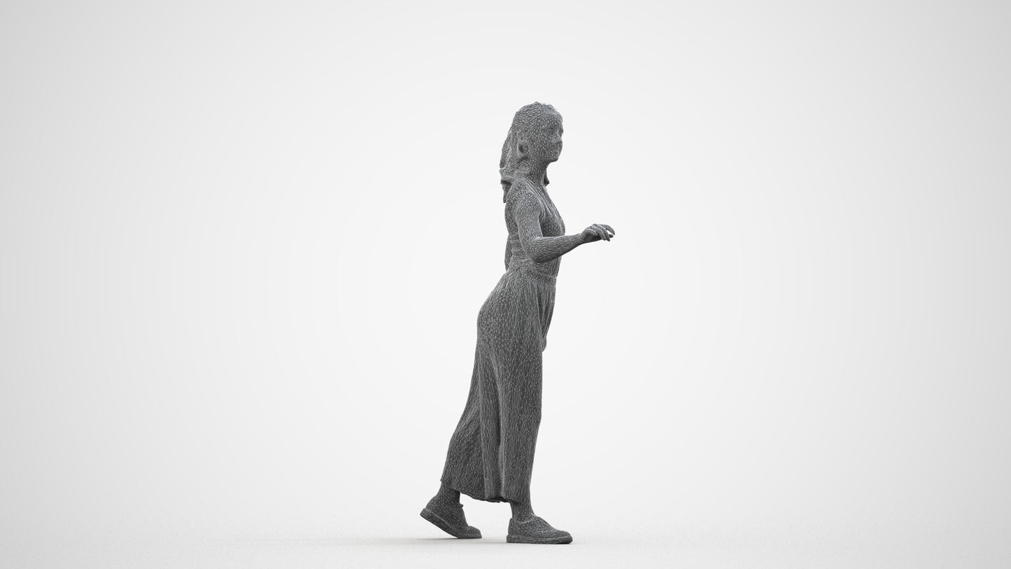 3D human model girl casual door, photogrammetry scanned person for archviz, wireframe side view