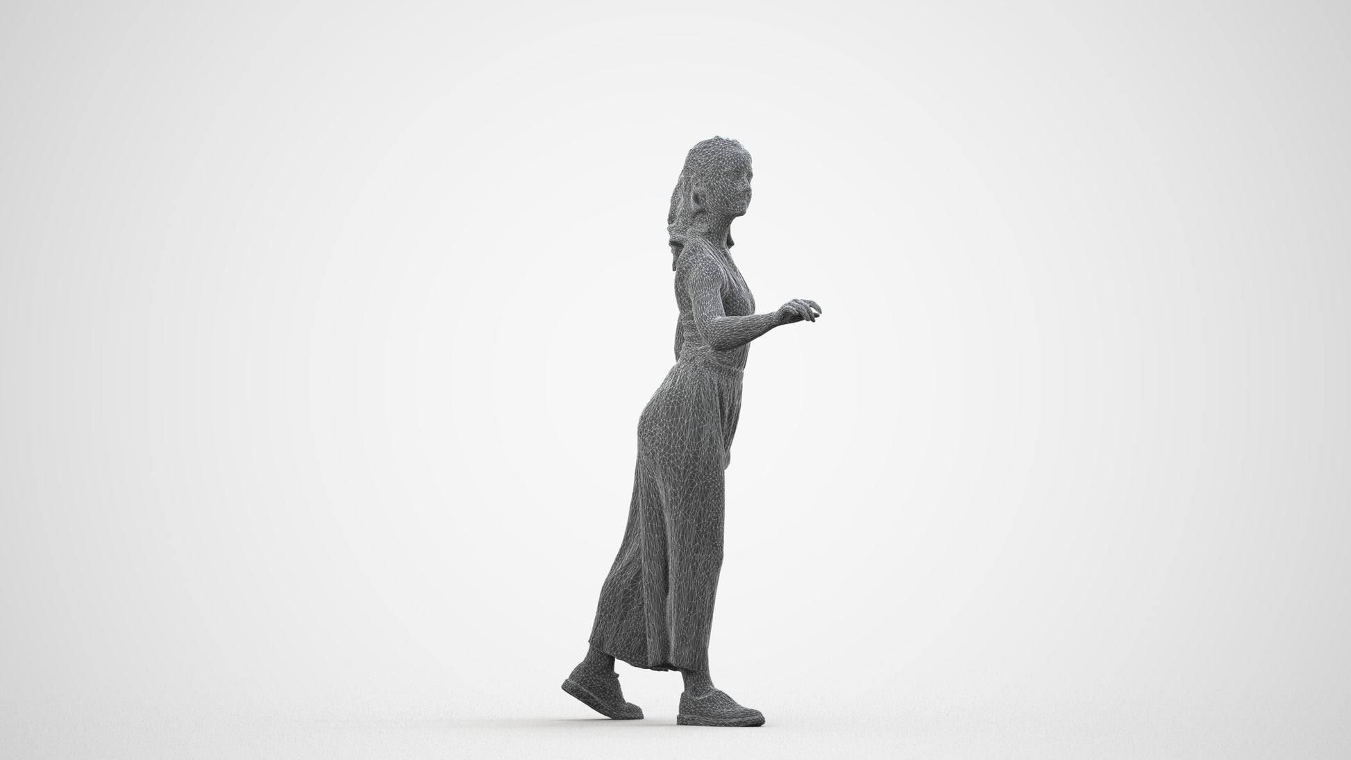 3D human model girl casual door, photogrammetry scanned person for archviz, wireframe side view