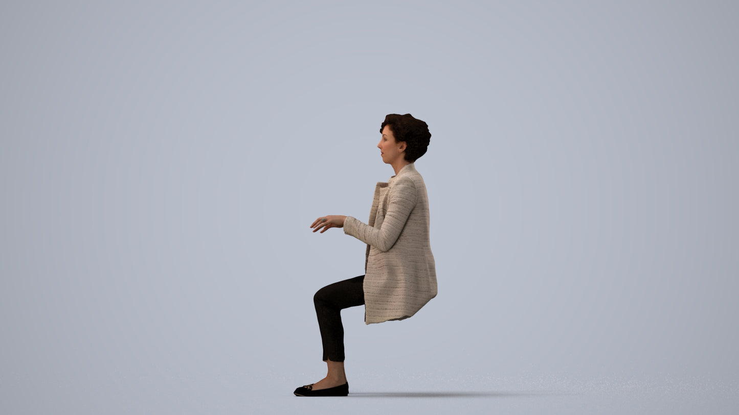 realistic 3D human woman business sitting, archviz people FBX OBJ for Blender, three-quarter view render