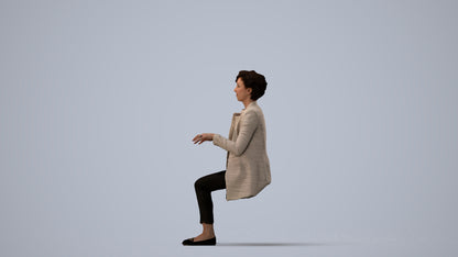 realistic 3D human woman business sitting, archviz people FBX OBJ for Blender, three-quarter view render