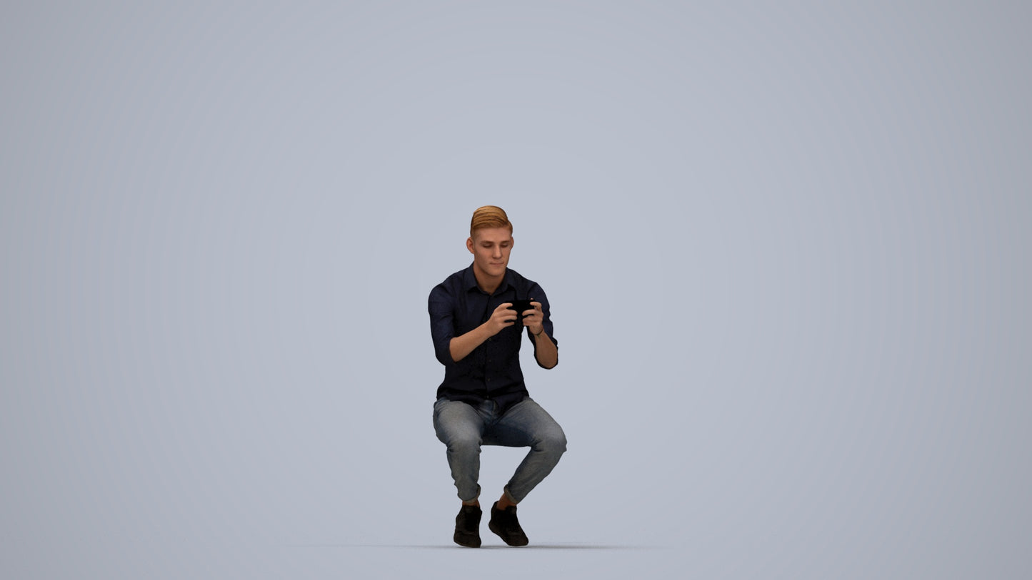 realistic 3D man casual sitting, scanned archviz people for Blender and 3ds Max, top-down view render