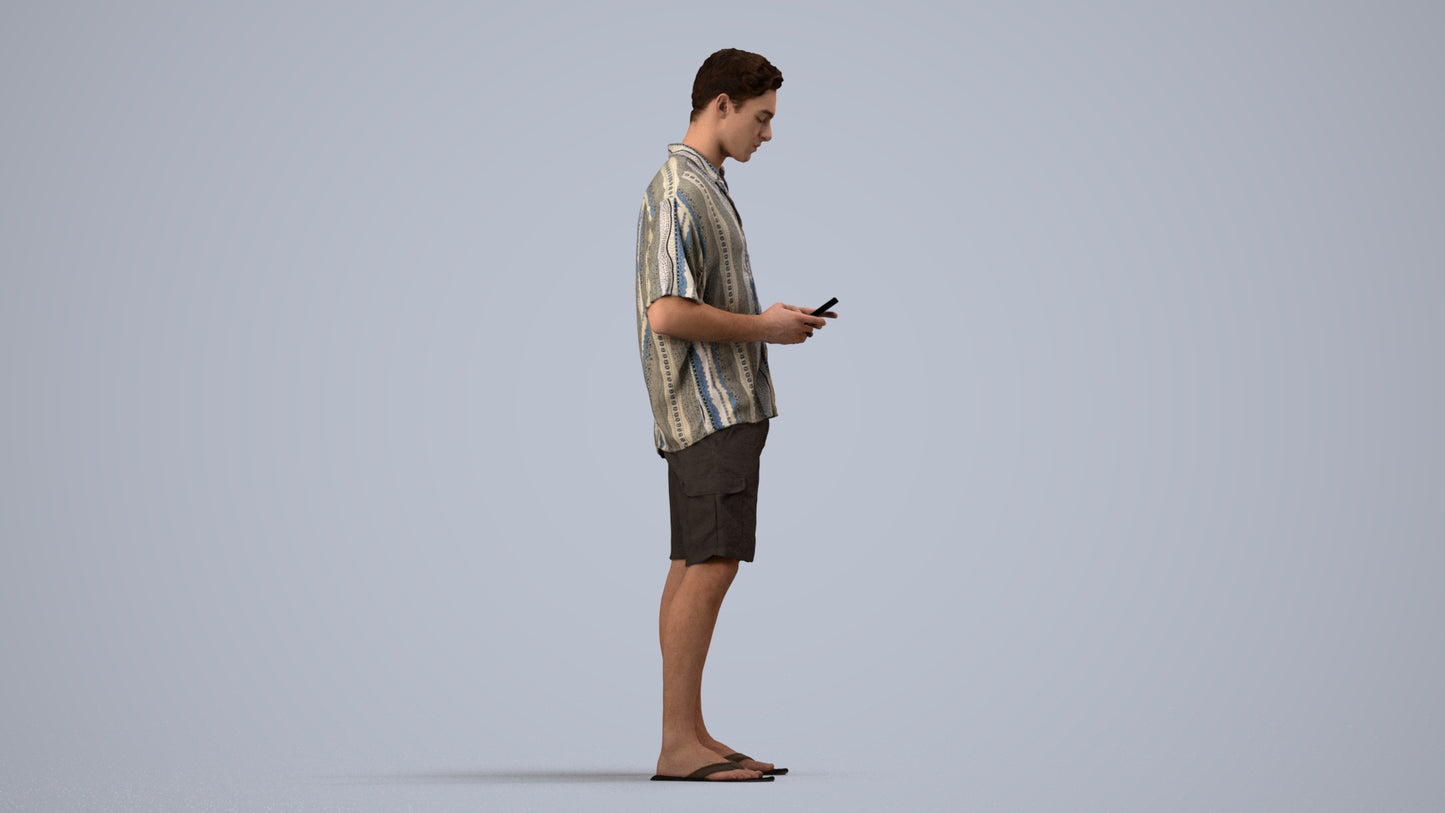 3D human model man casual standing, photogrammetry scanned person for archviz, side view render