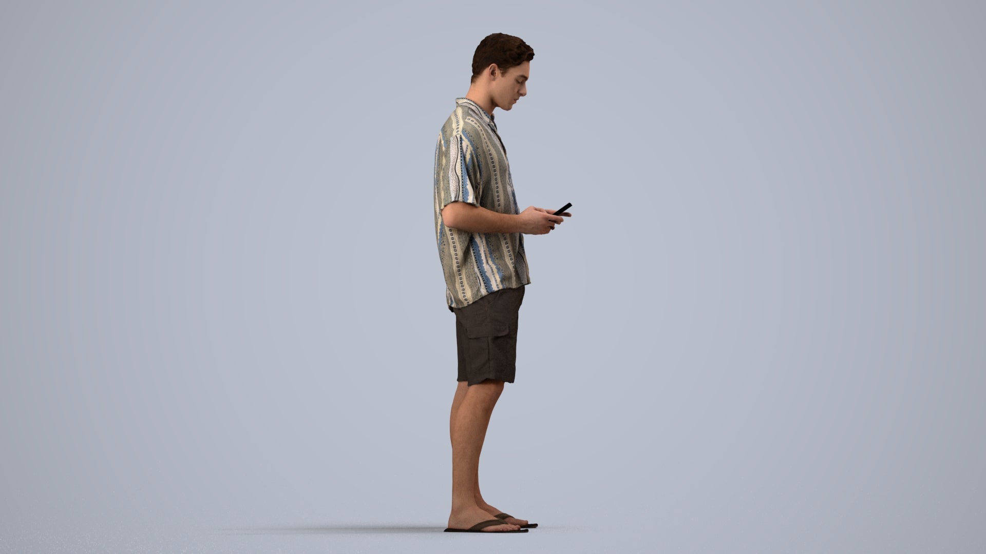 3D human model man casual standing, photogrammetry scanned person for archviz, side view render