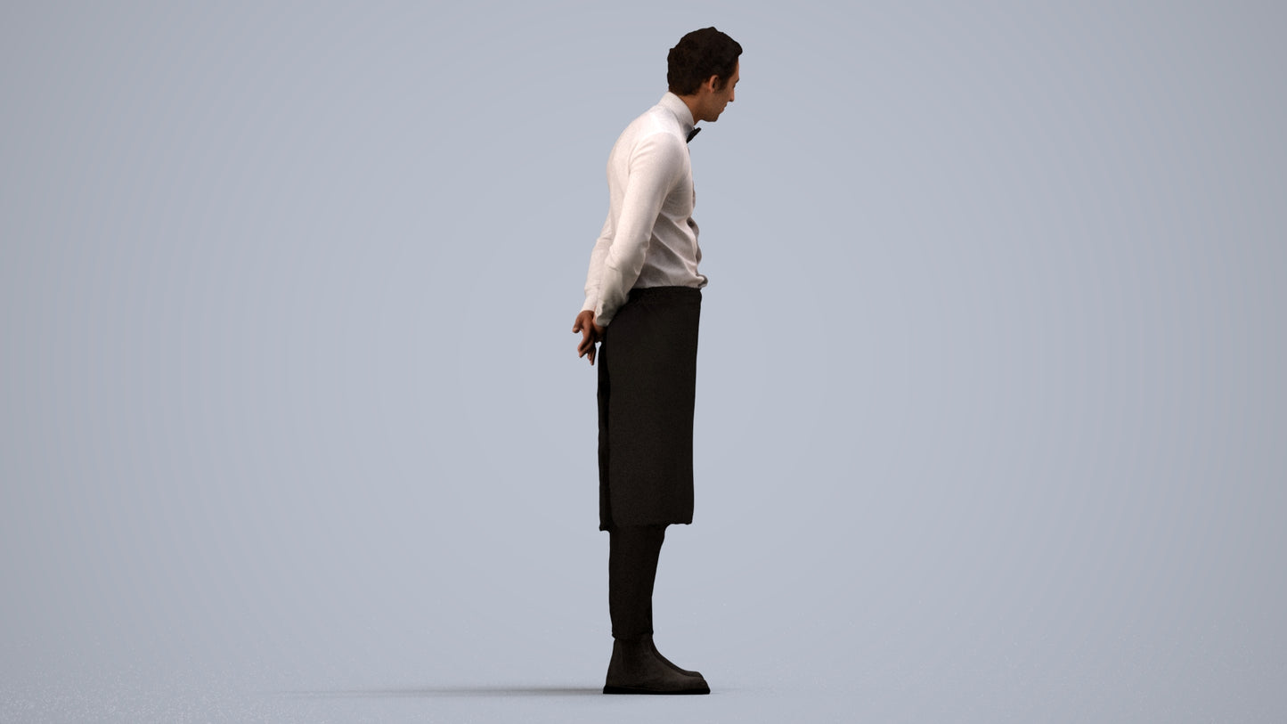 3D human model man hospitality, photogrammetry scanned person for archviz, side view render