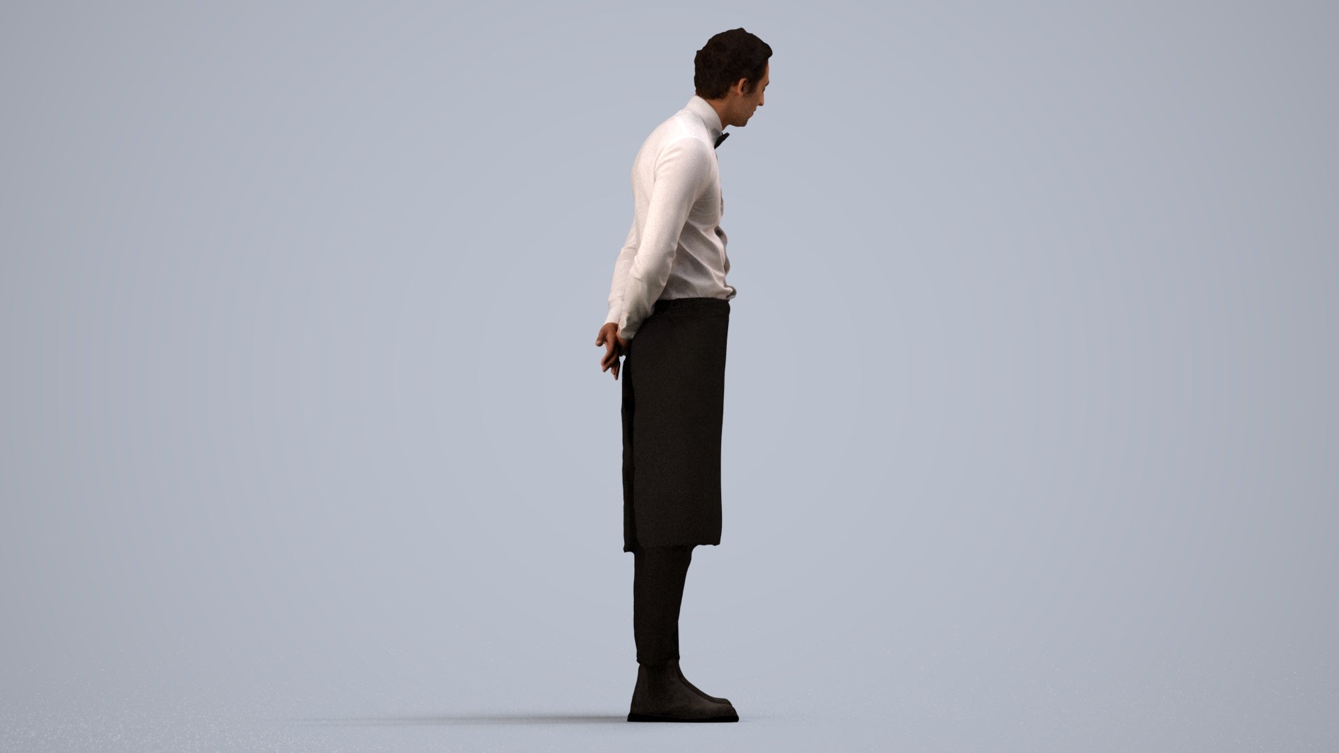 3D human model man hospitality, photogrammetry scanned person for archviz, side view render