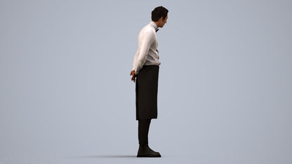 3D human model man hospitality, photogrammetry scanned person for archviz, side view render