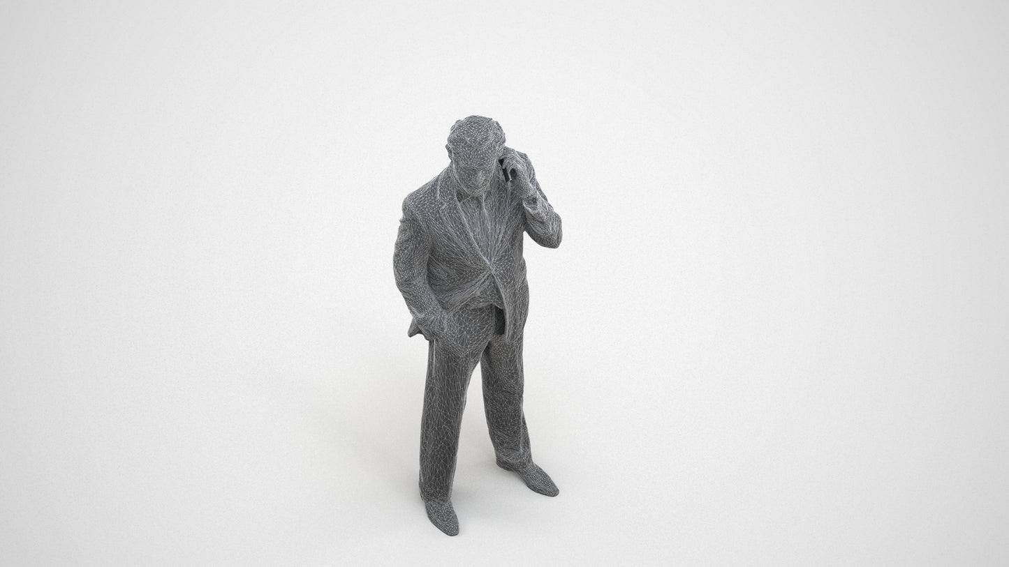 photogrammetry 3D man business standing, realistic human model archviz FBX, wireframe three-quarter view