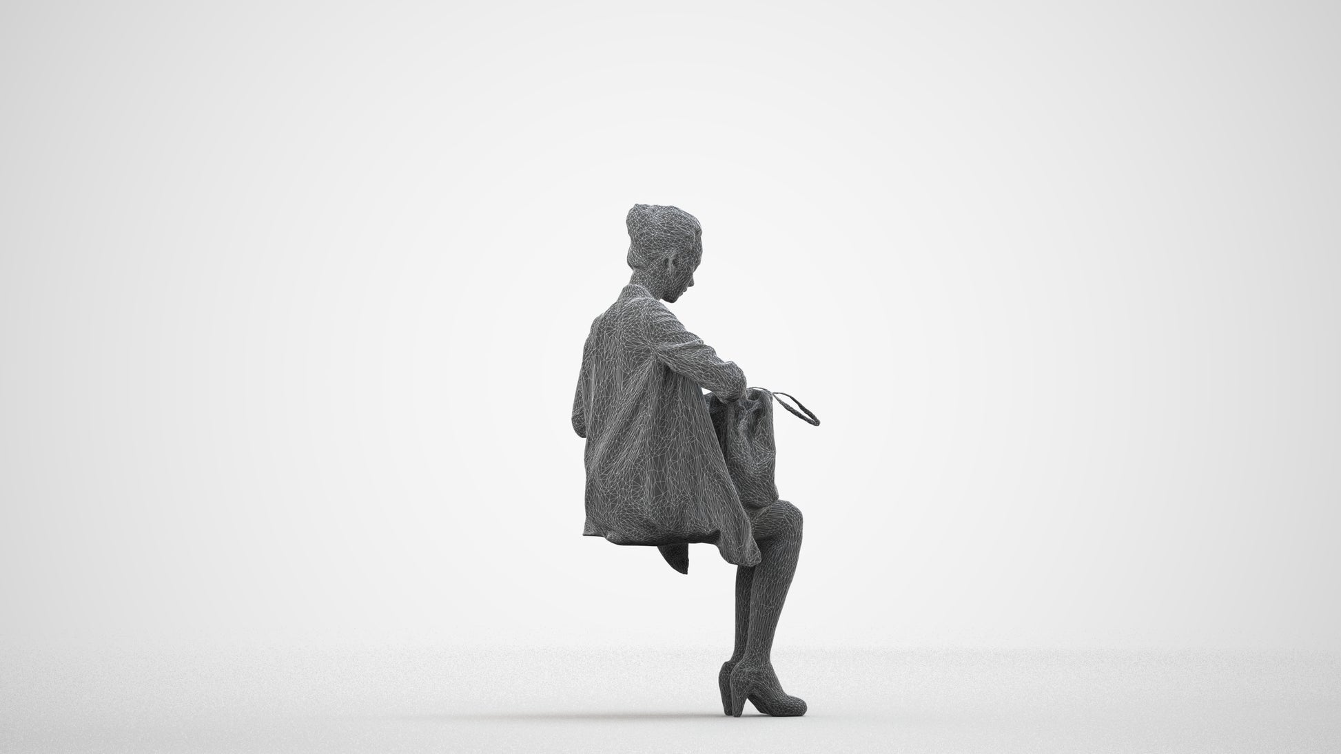 realistic 3D people woman business sitting, render-ready for V-Ray and Corona, FBX OBJ, wireframe side view
