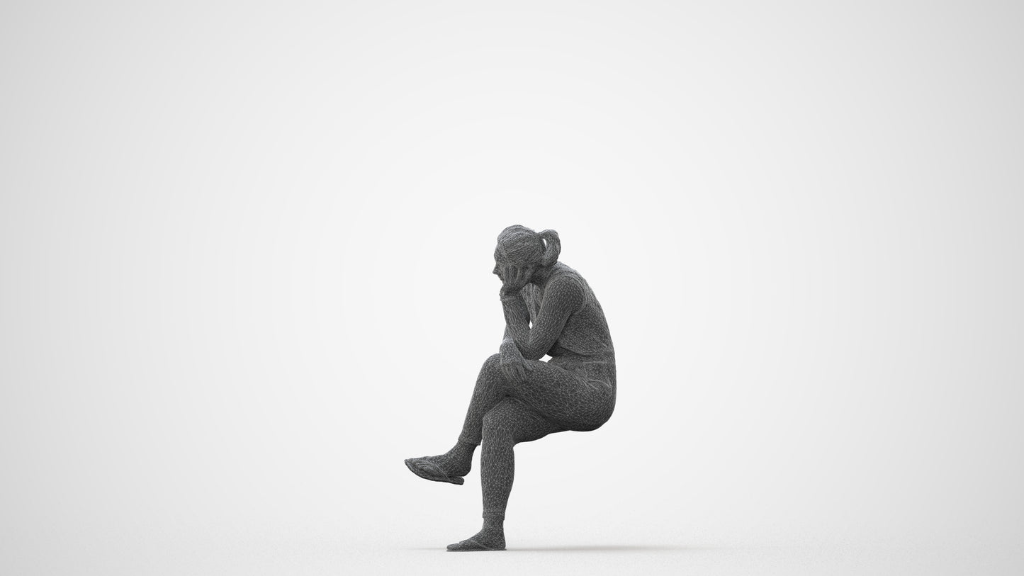 realistic 3D woman casual sitting, scanned archviz people for Blender and 3ds Max, square thumbnail