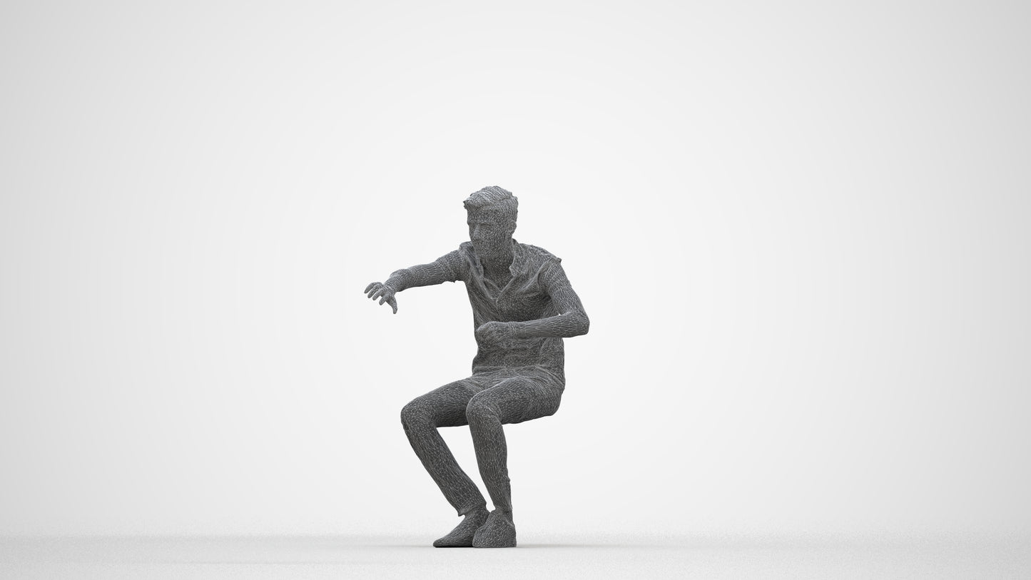 realistic 3D man casual sitting, scanned archviz people for Blender and 3ds Max, wireframe back view
