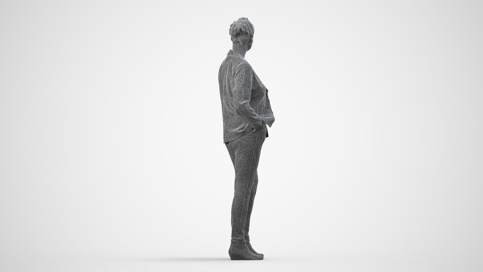 3D people model woman business standing, scanned human for 3ds Max rendering, wireframe side view