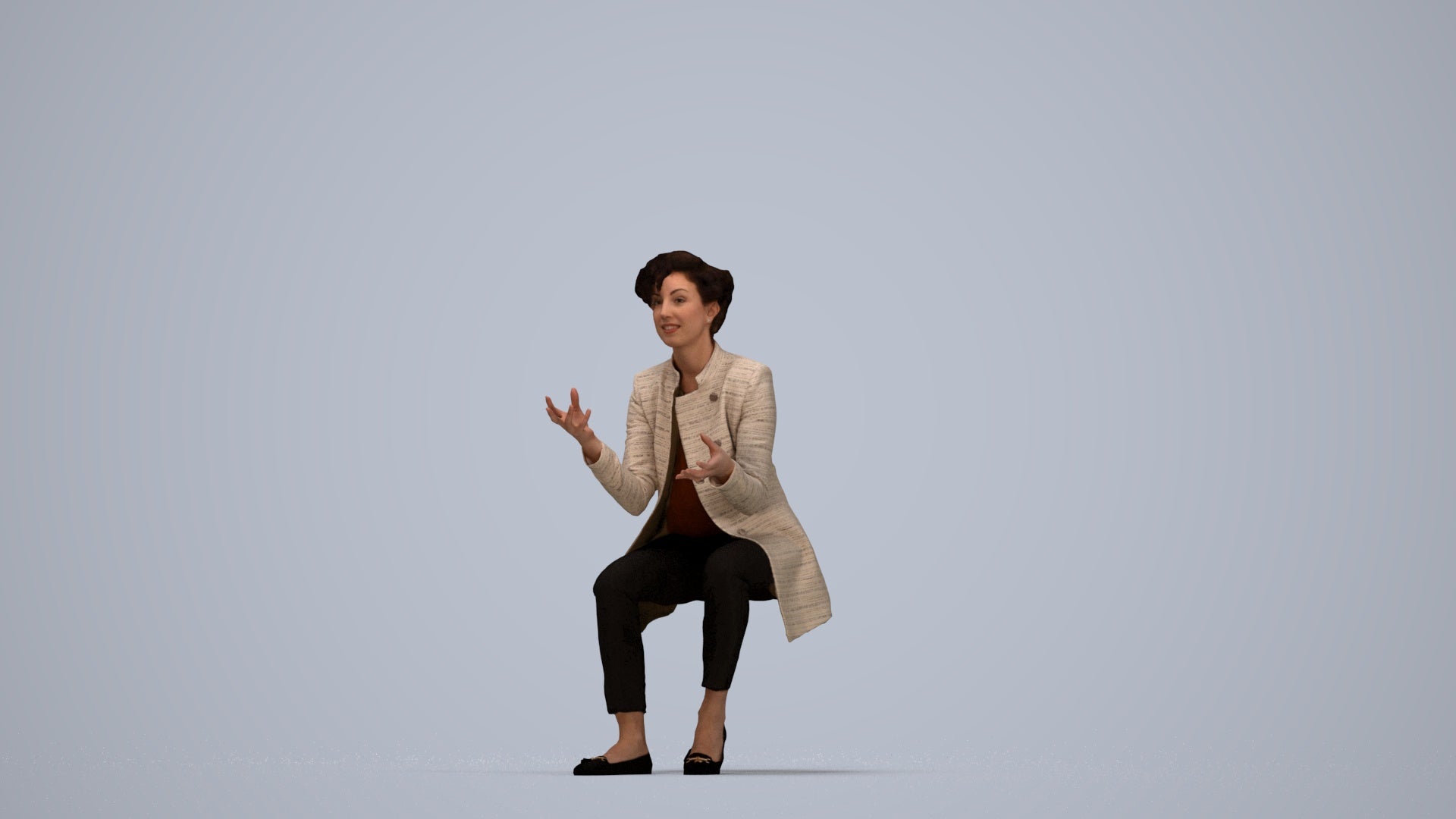 realistic 3D woman business sitting, scanned archviz people for Blender and 3ds Max, top-down view render