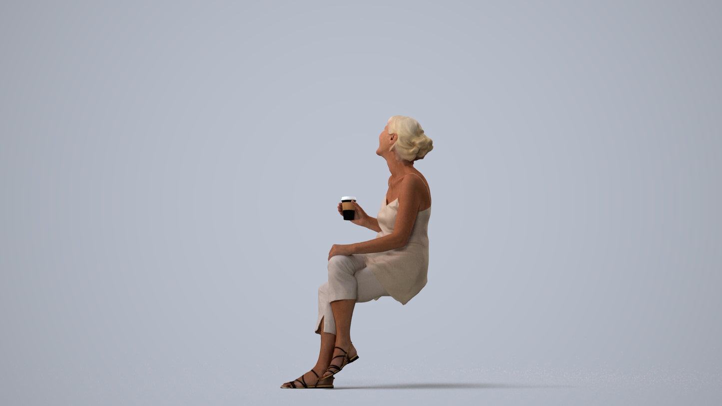 realistic 3D senior woman casual sitting, scanned archviz people for Blender and 3ds Max, three-quarter view render