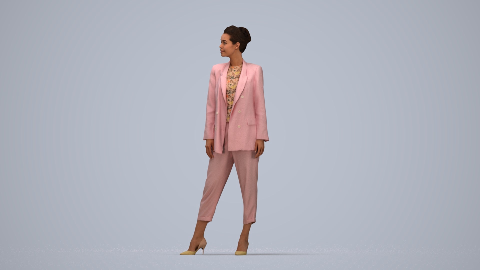 realistic 3D people woman business standing, render-ready for V-Ray and Corona, FBX OBJ, top-down view render