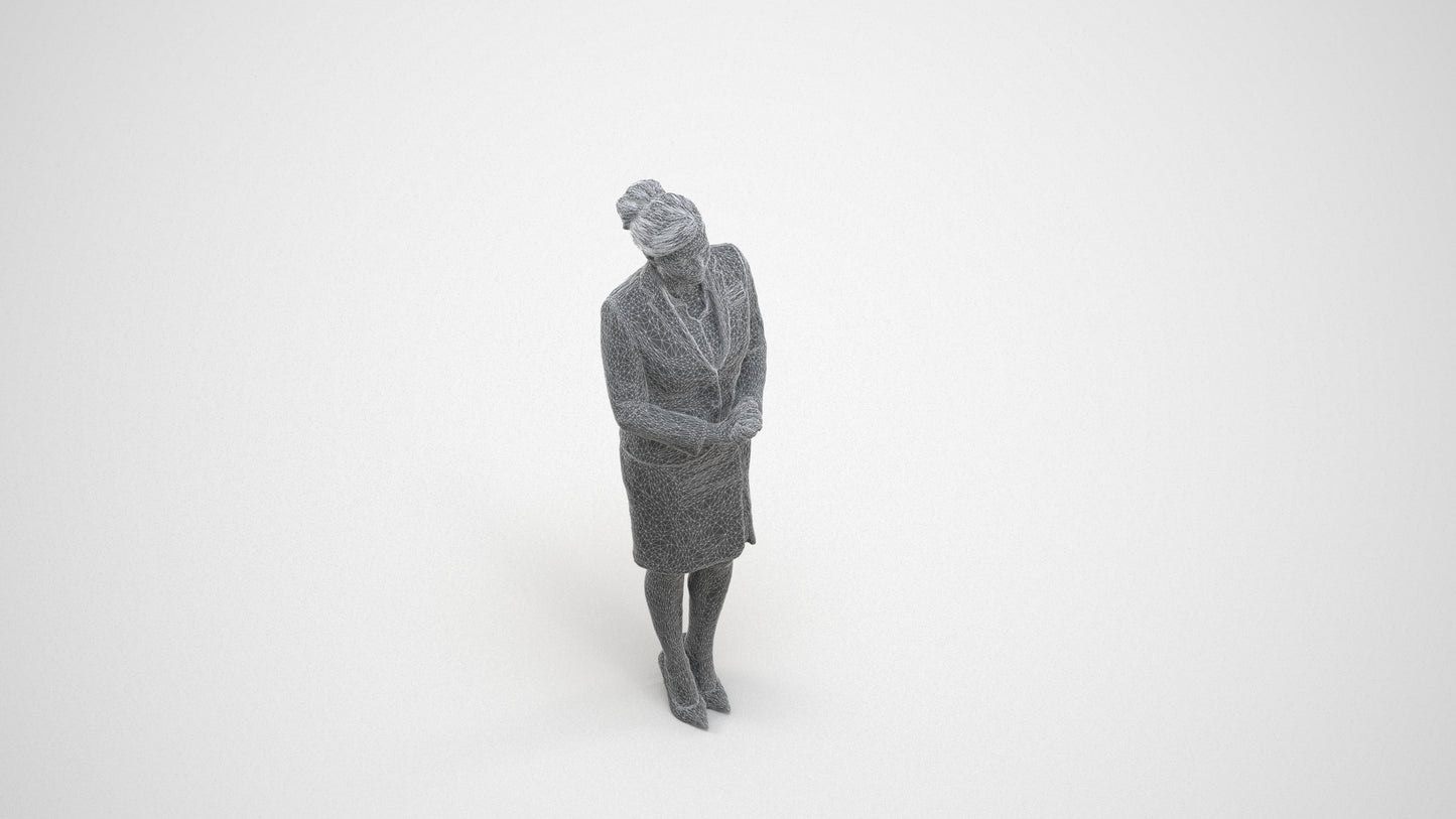 3D scanned woman standing, photorealistic archviz people for Enscape and SketchUp, wireframe three-quarter view