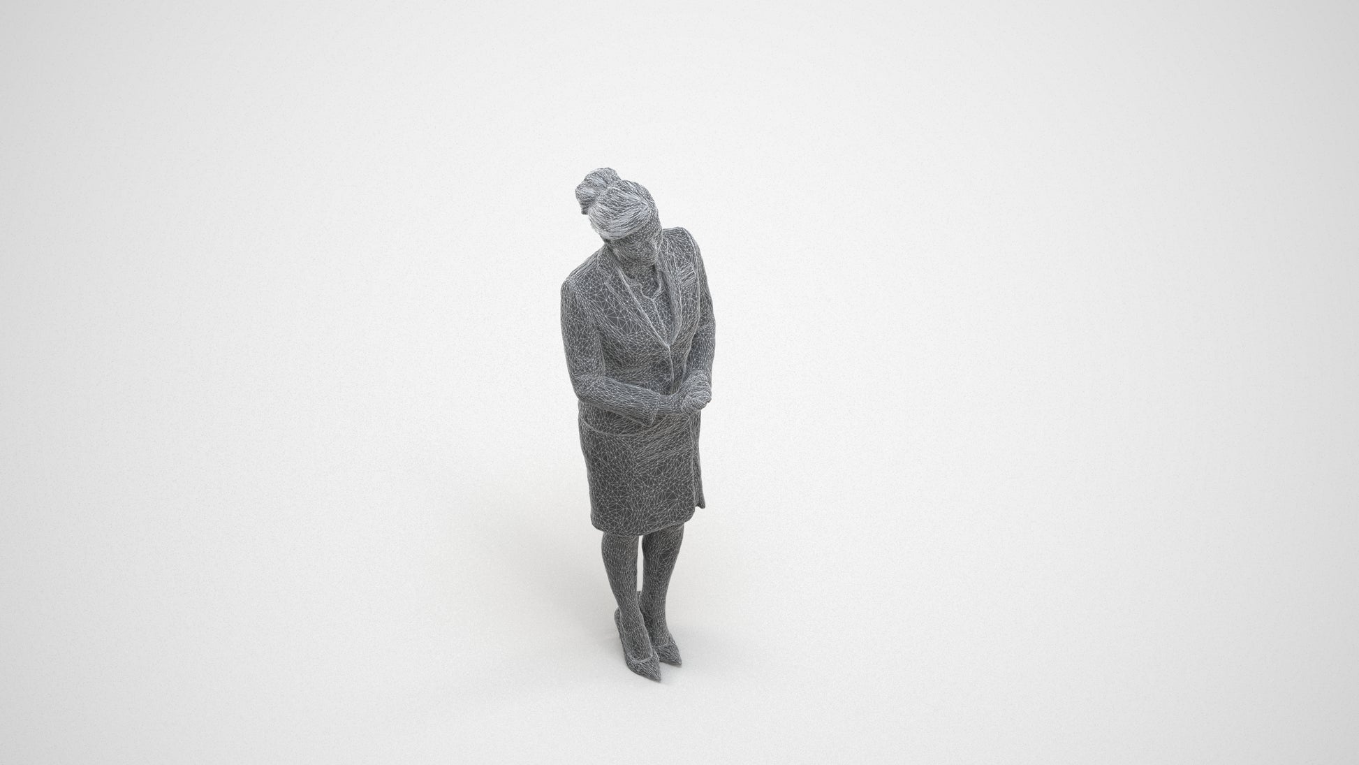 3D scanned woman standing, photorealistic archviz people for Enscape and SketchUp, wireframe three-quarter view