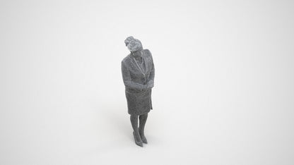 3D scanned woman standing, photorealistic archviz people for Enscape and SketchUp, wireframe three-quarter view