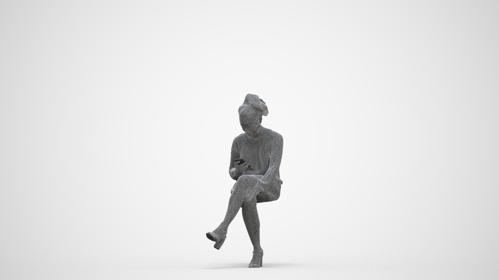 3D scanned woman sitting casual, photorealistic archviz people for Enscape and SketchUp, three-quarter front view render