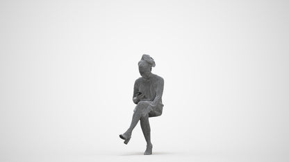 3D scanned woman sitting casual, photorealistic archviz people for Enscape and SketchUp, three-quarter front view render