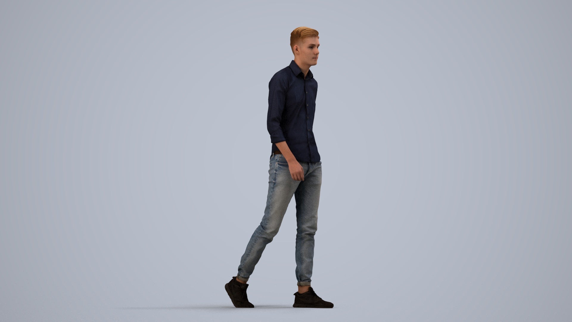 realistic 3D man casual walking, scanned archviz people for Blender and 3ds Max, side view render