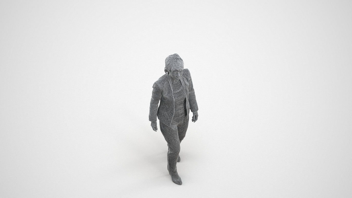 3D people model senior woman business walking, scanned human for 3ds Max rendering, wireframe three-quarter view
