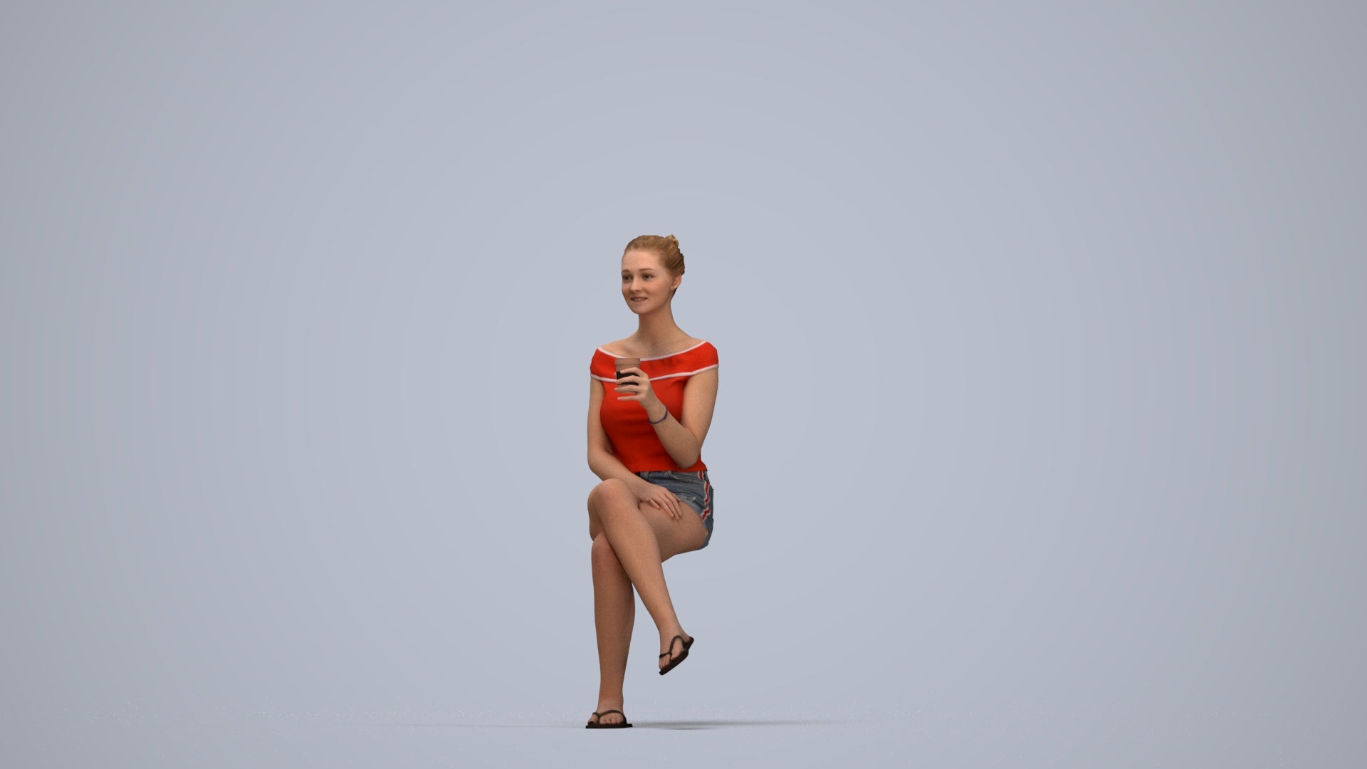 realistic 3D human girl casual sitting, archviz people FBX OBJ for Blender, top-down view render
