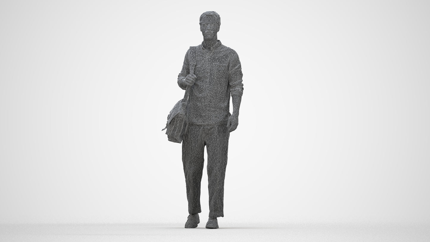 photogrammetry 3D man casual walking, realistic human model archviz FBX, wireframe back view