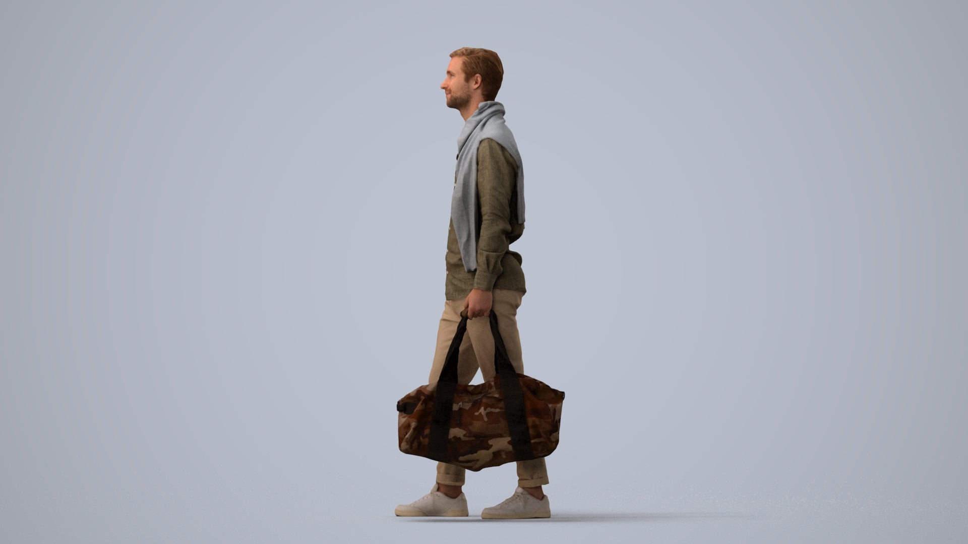 realistic 3D man casual walking, scanned archviz people for Blender and 3ds Max, three-quarter view render