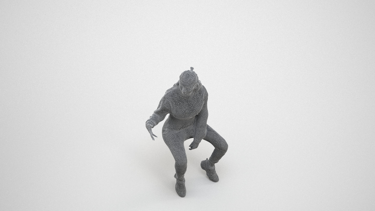 3D people model woman sport sitting, scanned human for 3ds Max rendering, wireframe three-quarter view
