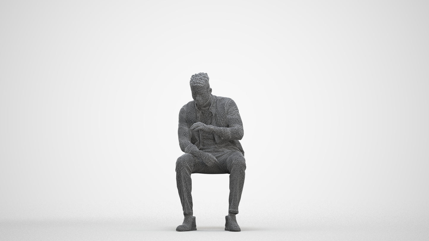 3D human model man casual sitting, photogrammetry scanned person for archviz, three-quarter front view render