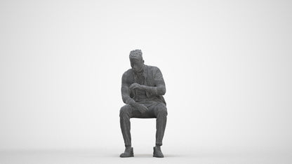 3D human model man casual sitting, photogrammetry scanned person for archviz, three-quarter front view render