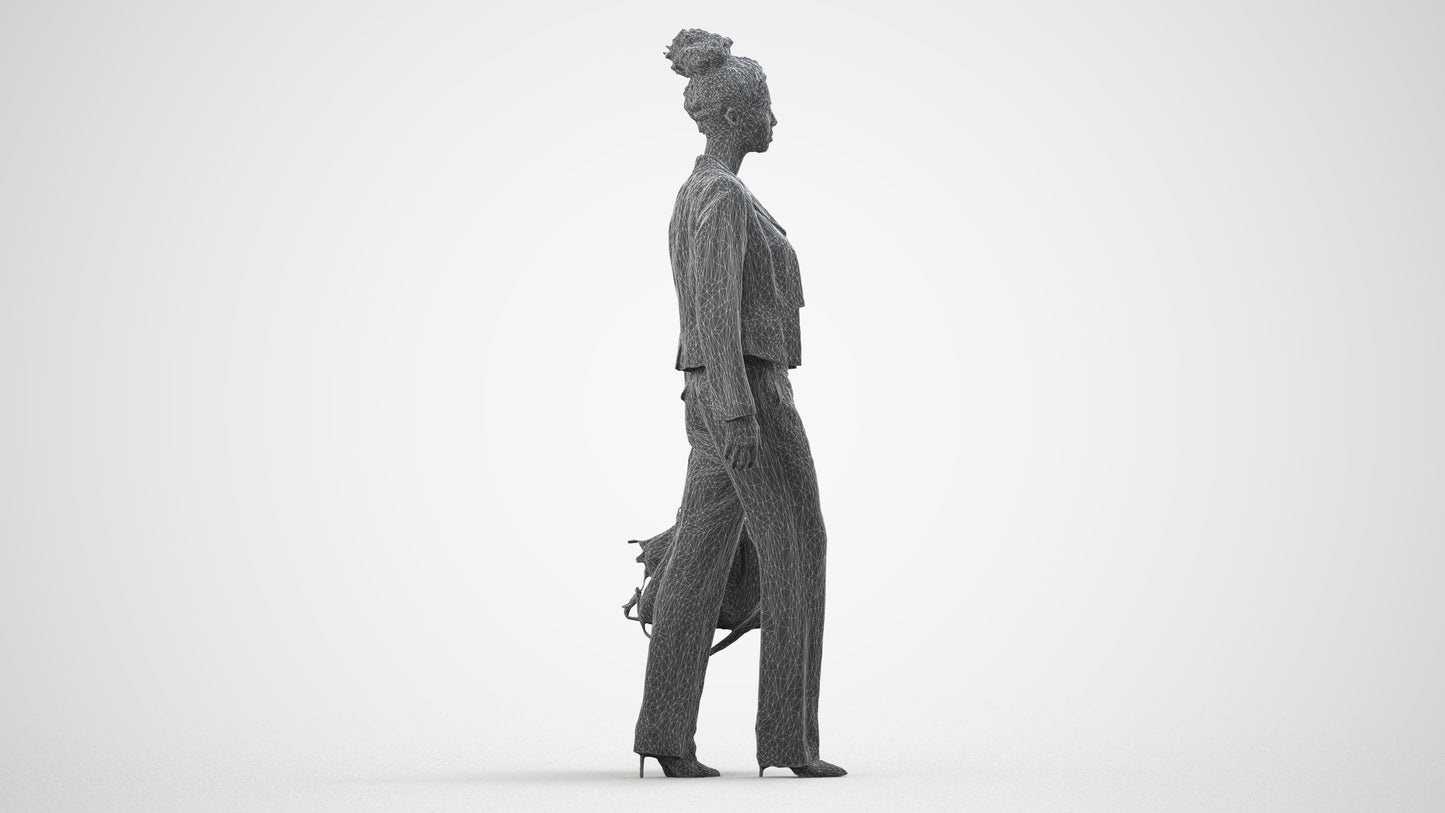 realistic 3D woman business walking, scanned archviz people for Blender and 3ds Max, wireframe side view