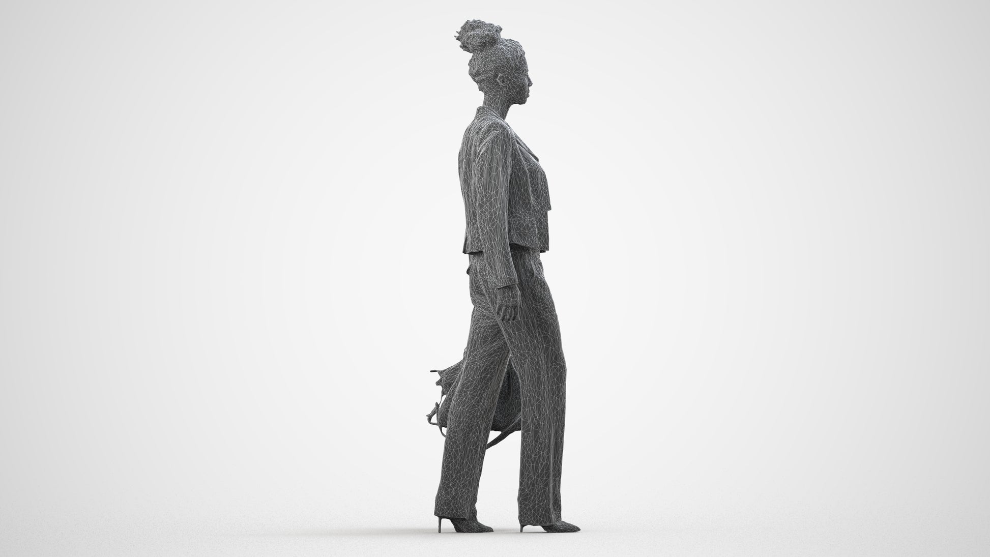 realistic 3D woman business walking, scanned archviz people for Blender and 3ds Max, wireframe side view