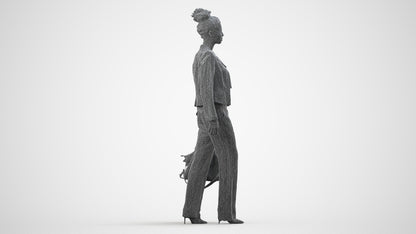 realistic 3D woman business walking, scanned archviz people for Blender and 3ds Max, wireframe side view