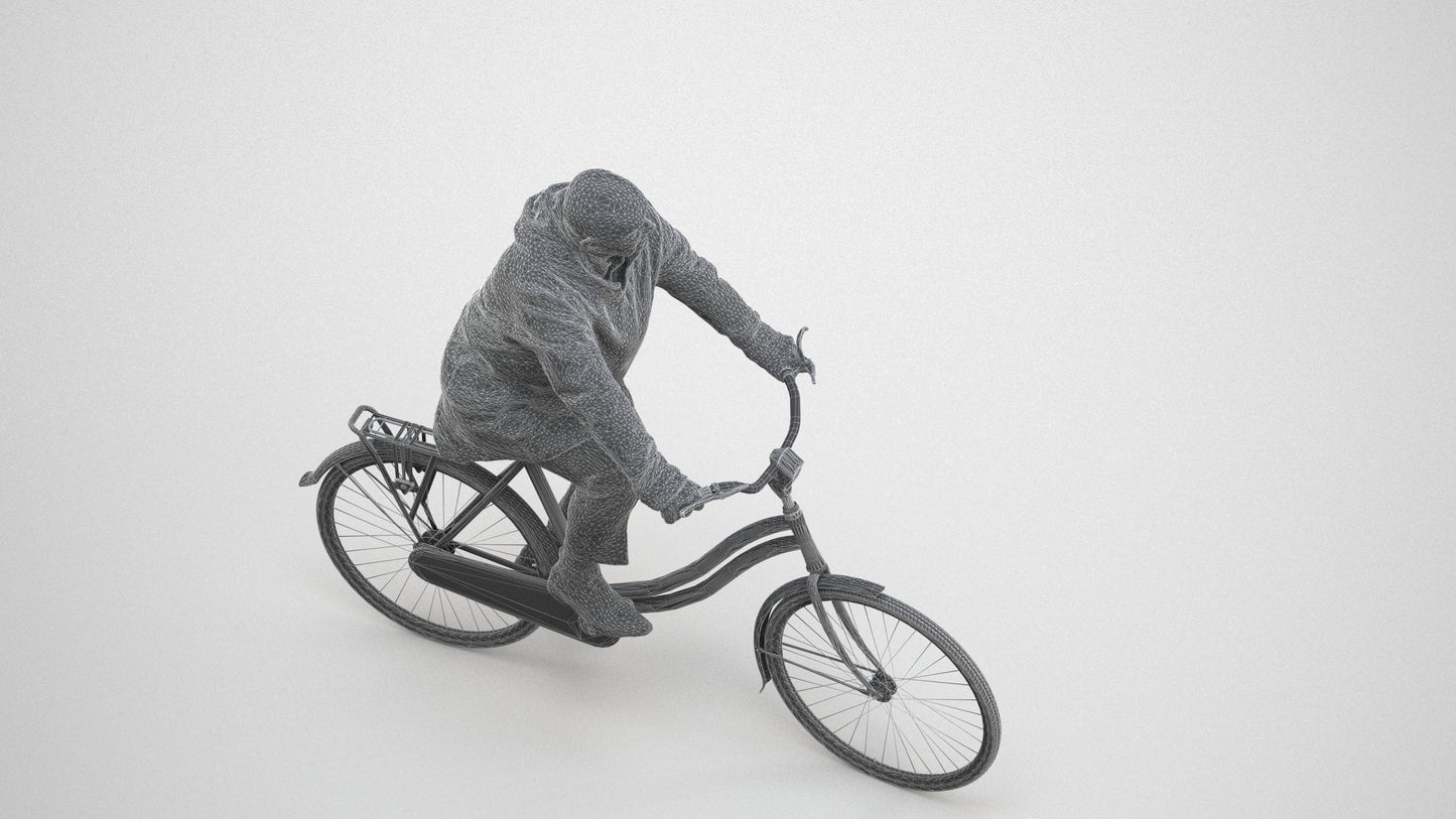 realistic 3D human senior man business cycling, archviz people FBX OBJ for Blender, wireframe three-quarter view