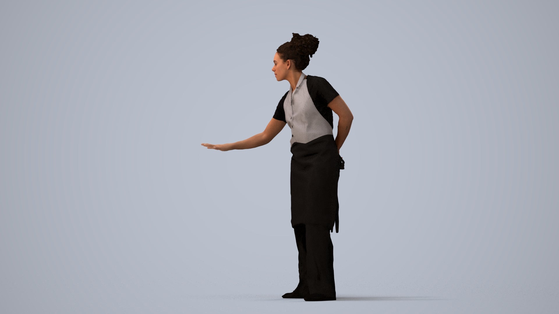 realistic 3D people woman hospitality, render-ready for V-Ray and Corona, FBX OBJ, three-quarter view render