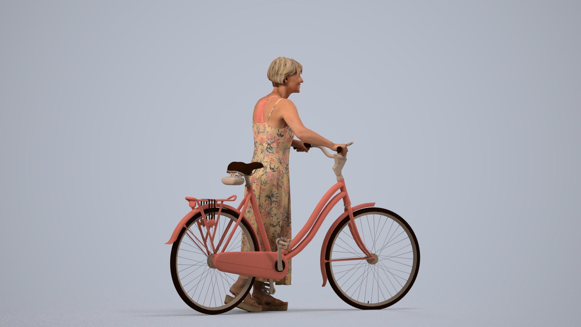 scanned 3D senior woman cycling, photogrammetry people for Enscape and V-Ray, side view render