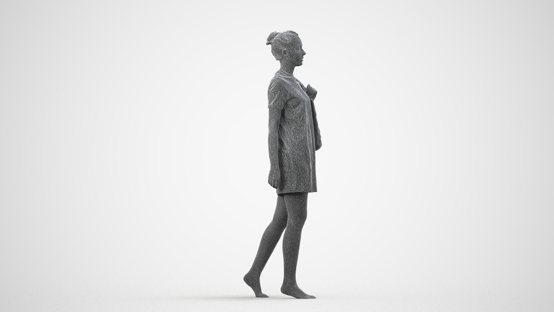 3D scanned woman walking casual, photorealistic archviz people for Enscape and SketchUp, wireframe side view