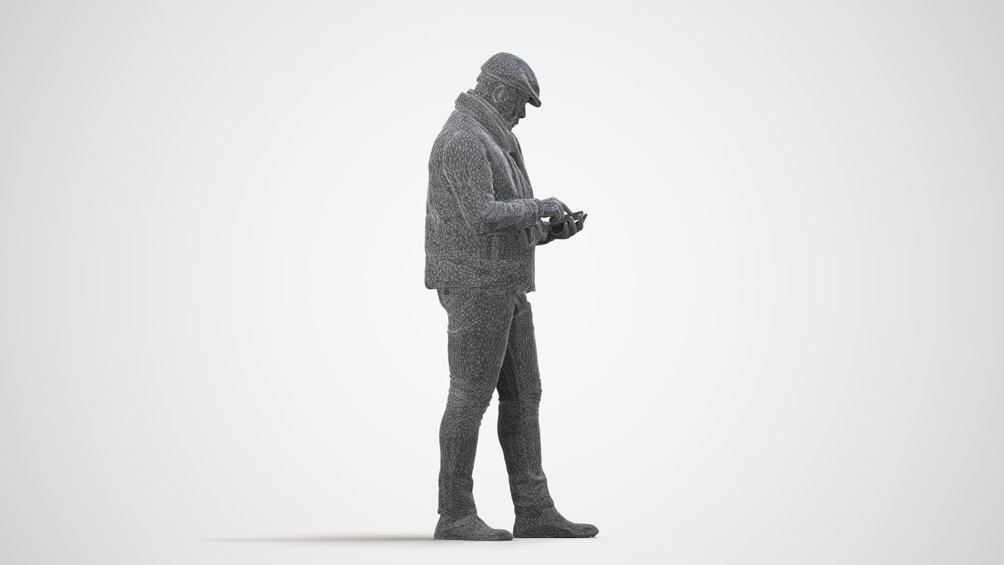 3D scanned man standing casual, photorealistic archviz people for Enscape and SketchUp, wireframe side view