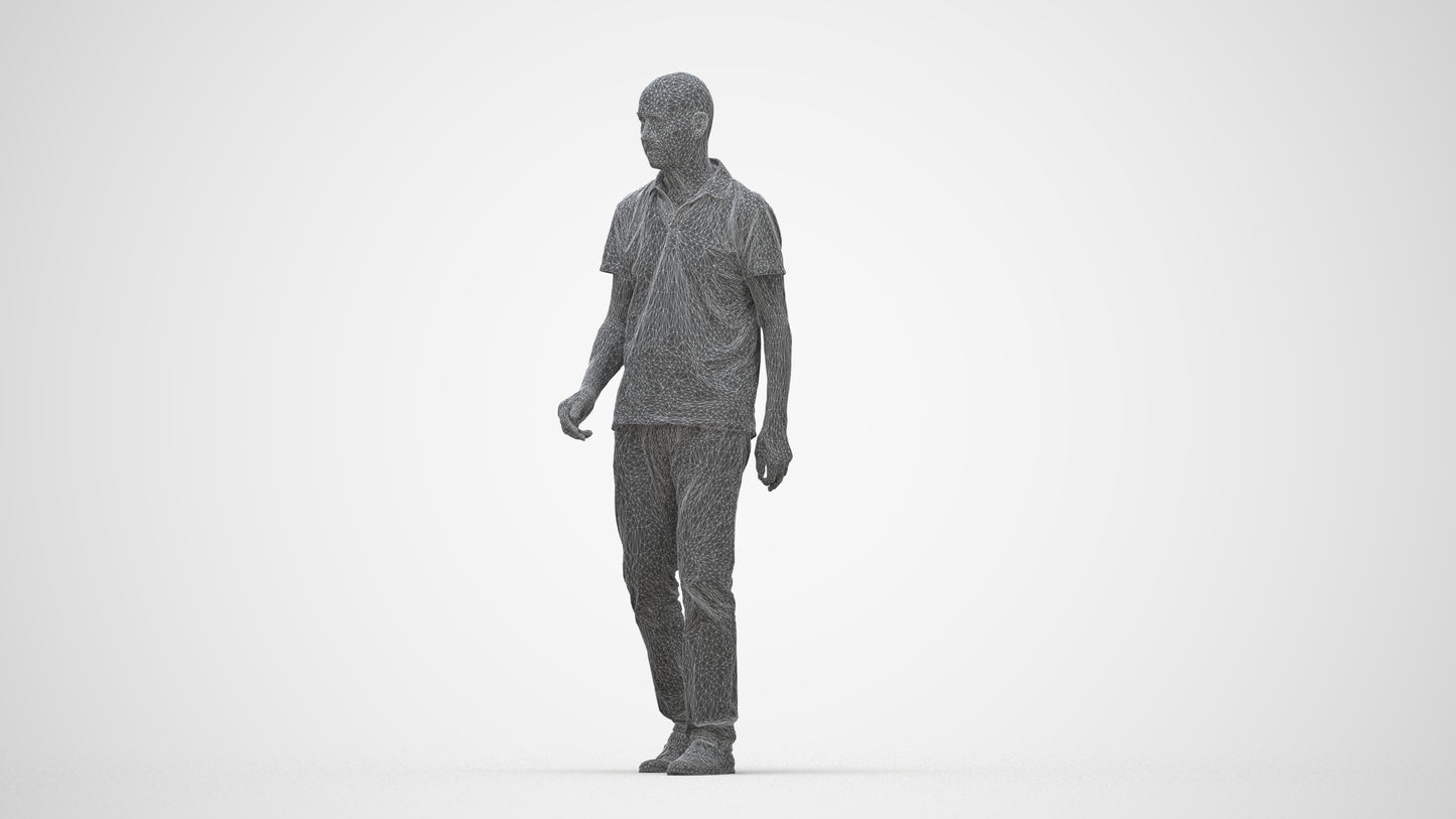 scanned 3D senior man casual walking, photogrammetry people for Enscape and V-Ray, wireframe back view