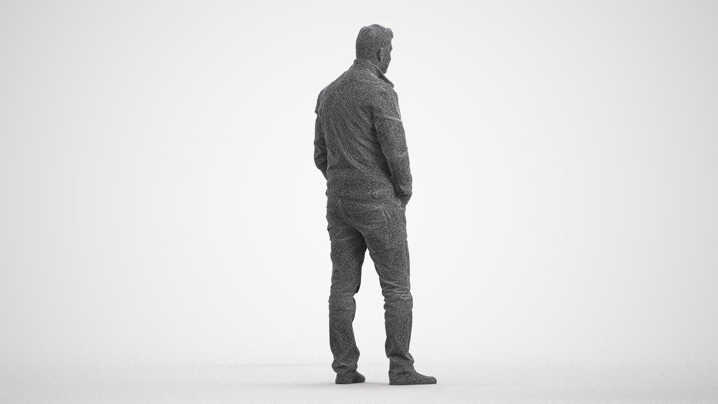 3D people model man casual standing, scanned human for 3ds Max rendering, wireframe front view