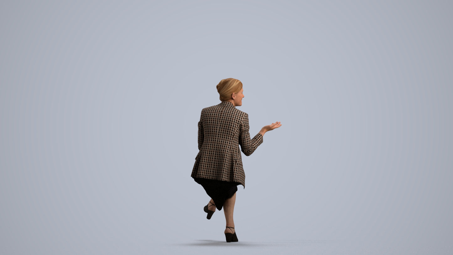 3D human model woman business sitting, photogrammetry scanned person for archviz, front view render