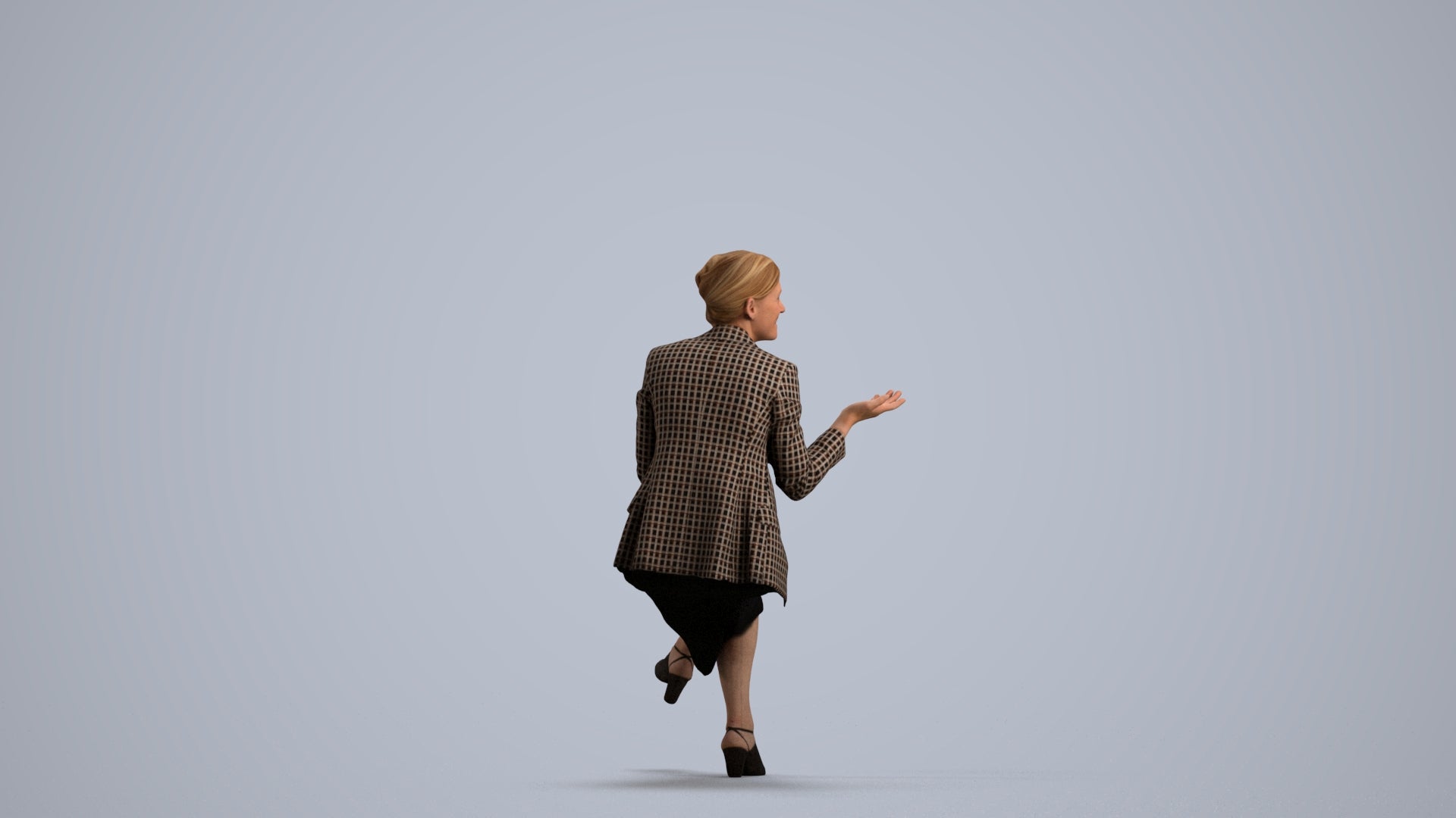3D human model woman business sitting, photogrammetry scanned person for archviz, front view render