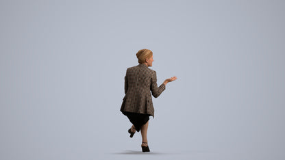 3D human model woman business sitting, photogrammetry scanned person for archviz, front view render